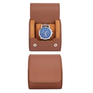 Caja de reloj portátil de una ranura en cuero marrón, ideal para viajes y almacenamiento diario.