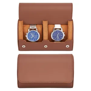 Estuche de viaje portátil para relojes de 2 ranuras caja de almacenamiento de cuero sintético marrón.