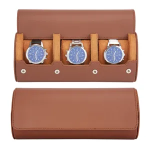 Estuche de viaje portátil para reloj de cuero PU de 3 ranuras organizador marrón