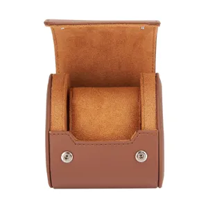 Caja de reloj de cuero PU marrón de ranura única estuche de viaje portátil con forro de terciopelo.