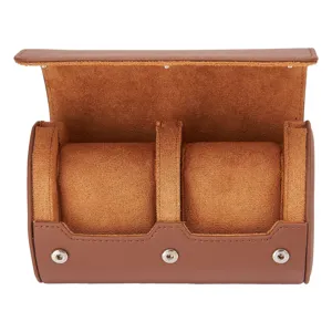 Estuche de viaje para reloj de cuero PU marrón con dos ranuras y suave interior de terciopelo.