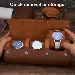 Caja de Almacenamiento de Reloj de Cuero Sintético Portátil Organizador de Rollo de Reloj de Viaje Con Ranura Para Tarjeta y Broche de Metal Para Hombres Mujeres