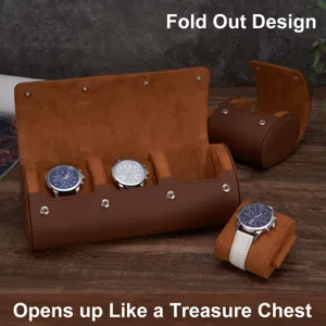 Caja de almacenamiento de viaje para relojes de cuero de 3 ranuras con diseño plegable.