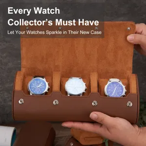 Estuche de viaje portátil para 3 relojes en cuero PU marrón con forro interior de ante suave.