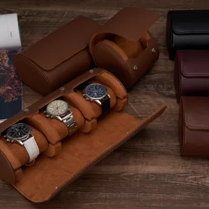 Caja reloj portátil de cuero PU estuche de viaje rollo con interior terciopelo suave almacenamiento.