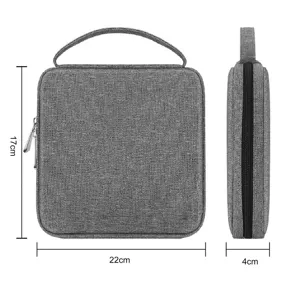 Sac de rangement gris portable pour bracelets de montre connectée avec dimensions claires.