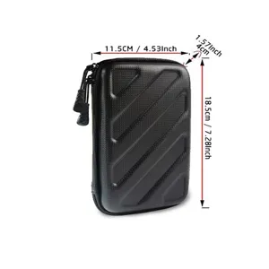 Dettaglio di una custodia rigida in EVA nera, comodo astuccio con zip portatile.