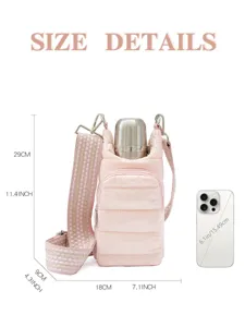 Bolso acolchado rosa para botella de agua bandolera de viaje con correa ajustable detalle.
