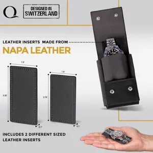 Gedetailleerd overzicht van NAPA lederen draagbare horloge opbergtas met inzetstuk.