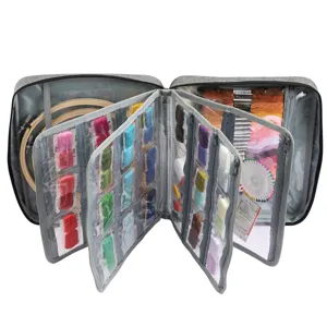 Bolsa de almacenamiento de bordado de tela oxford gris con bolsillos transparentes múltiples.