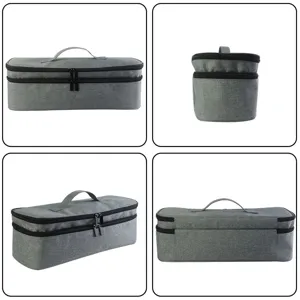 Vista detallada de la bolsa de almacenamiento de viaje gris de doble capa con cremalleras.