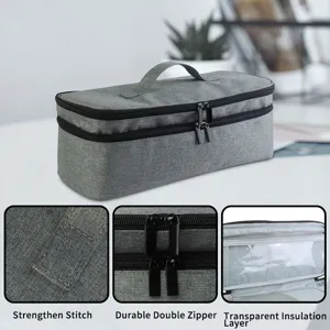 Bolsa de almacenamiento de viaje de doble capa gris con asa y capa aislante transparente.