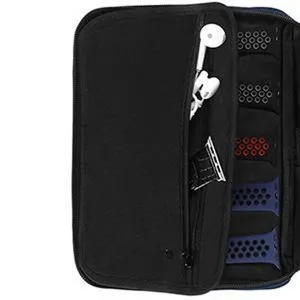 Close-up view of black electronic organizer bag interior showing multi-slot watch band storage.