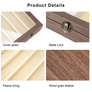 Caja organizadora de correa de madera detalle con cubierta de vidrio y cerradura metálica.