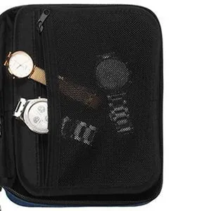 Black portable watch strap organizer bag with mesh pockets and elastic bands for travel storage.