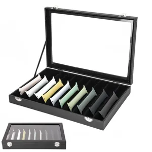 Caja de almacenamiento de correa de reloj de cuero negro con tapa de vidrio, vitrina.