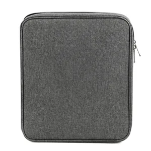 Detalle de bolsa de almacenamiento de tela Oxford gris, diseño con cremallera para uso diario.