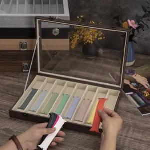 Elegante caja de almacenamiento de madera para correas de reloj con tapa transparente.