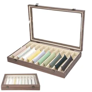 Caja de Almacenamiento de Correa de Reloj de Cuero Multi Compartimentos Organizador Bandeja Tapa de Vidrio Soporte de Exhibición de Joyas