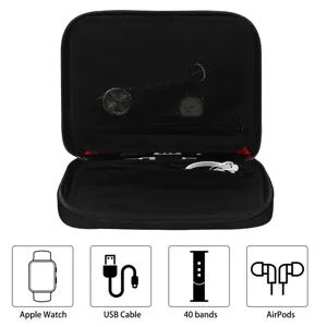 Black travel storage bag for smart watch bands, data cables and earbuds with large capacity.