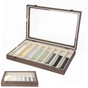 Caja de almacenamiento de madera para correas con tapa de cristal y terciopelo.