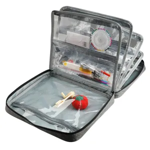 Bolsa organizadora de costura de tela Oxford gris multicapa con compartimentos transparentes