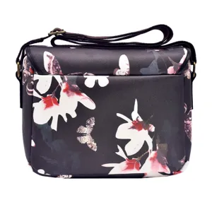 Gedetailleerd overzicht van de prachtige bloemprint camera schoudertas met riem.