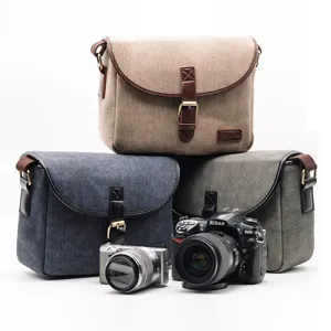 Preppy Casual Canvas Kameratas Patchwork Leren Schokbestendig Crossbody Schoudertas Voor DSLR Mirrorless Digitale Camera Tas