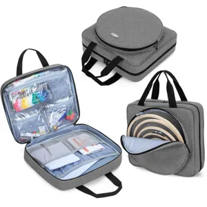 Bolso organizador de bordado multicapa con bolsillos transparentes para hilos y aros de costura.