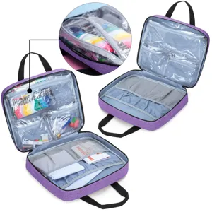 Gran bolsa organizadora de bordado morada vista detallada con bolsillos de PVC transparente