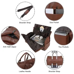 Convertibele reiskledingtas bruin PU leer pak reistas handbagage duffelbag reistas voor reizen