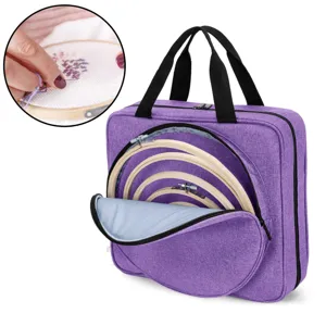 Vista detallada de la bolsa de almacenamiento morada para bordado con aros de madera.