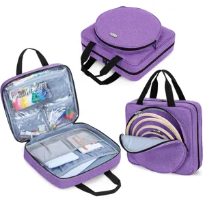 Gran bolsa organizadora violeta para bordado con multiples compartimentos para hilos y aros