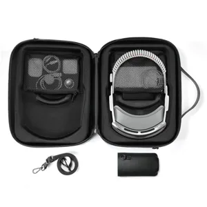 Custodia rigida di stoccaggio per cuffie VR MR con scomparti, tracolla e borsa accessori.