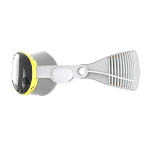 Detailopname van de beschermhoes en de ademende hoofdband ontworpen voor de VR-headset.