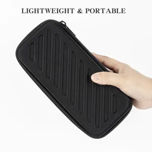 Étui de rangement pour montre portable avec fermeture éclair et finition noire texturée.
