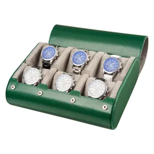 6 slot leather watch box roll storage case with soft removable pillows for men women.