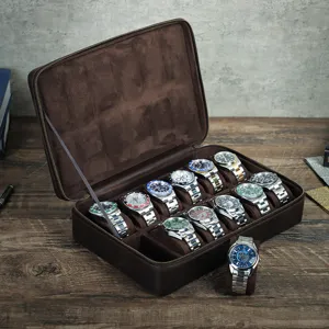 Scatola portaorologi vintage in pelle Crazy Horse a 12 scomparti custodia da viaggio.