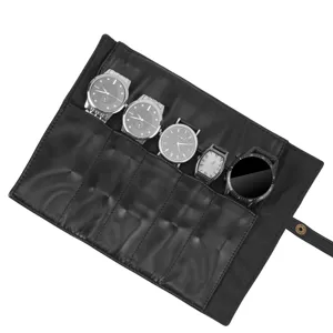 Bolsa organizadora de viaje para relojes de cuero PU negro con cinco compartimentos para relojes.