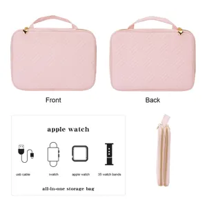 Pink travel watch band storage bag detail view with multiple slots and double zippers.