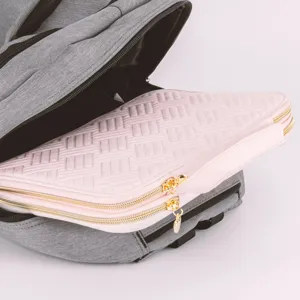 Pink woven pattern storage bag inside grey backpack, multi-functional detail display.