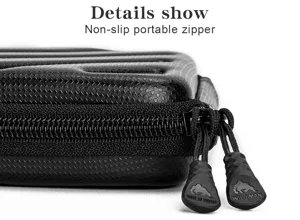 Primo piano dettagliato della custodia rigida in EVA nera con texture impermeabile e zip.