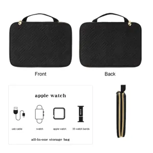 Black quilted storage bag detail showing multi-compartment design for watch bands and cables.