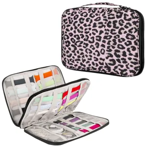 Leopard print watch band storage bag and electronics organizer with multiple slots for accessories.
