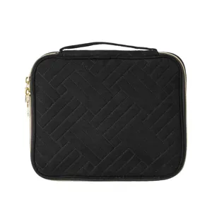 Zwarte gewatteerde horlogeband opbergtas met gouden ritssluiting en handvat voor accessoires.