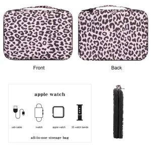 Pink leopard print storage bag for apple watch bands, cables and electronic accessories.