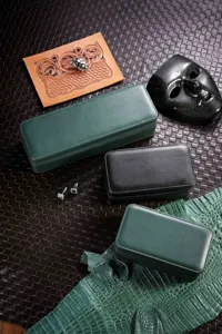 Premium leather watch travel case detail showcasing multi-slot portable mechanical storage.