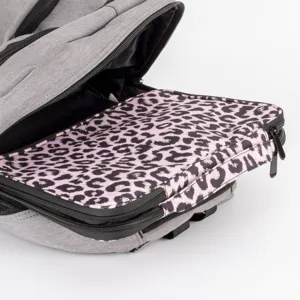 Close-up detail showing the open interior compartment and leopard print pouch of the organizer bag.