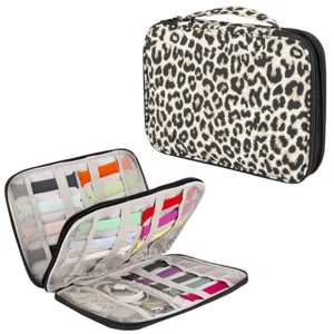 Leopard print watch band storage bag detail view, multi-slot organizer case for cables and straps.
