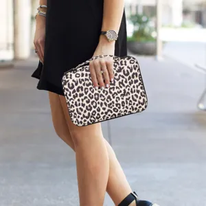 Leopard print electronic organizer bag, portable zipper case for watch straps and cables.